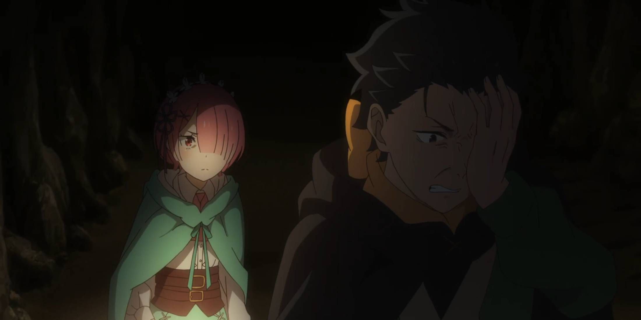 Subaru looking angry with an angry Ram in a sandy cavern seen in Season 4, Episode 3 ReZero - Starting Life in Another World