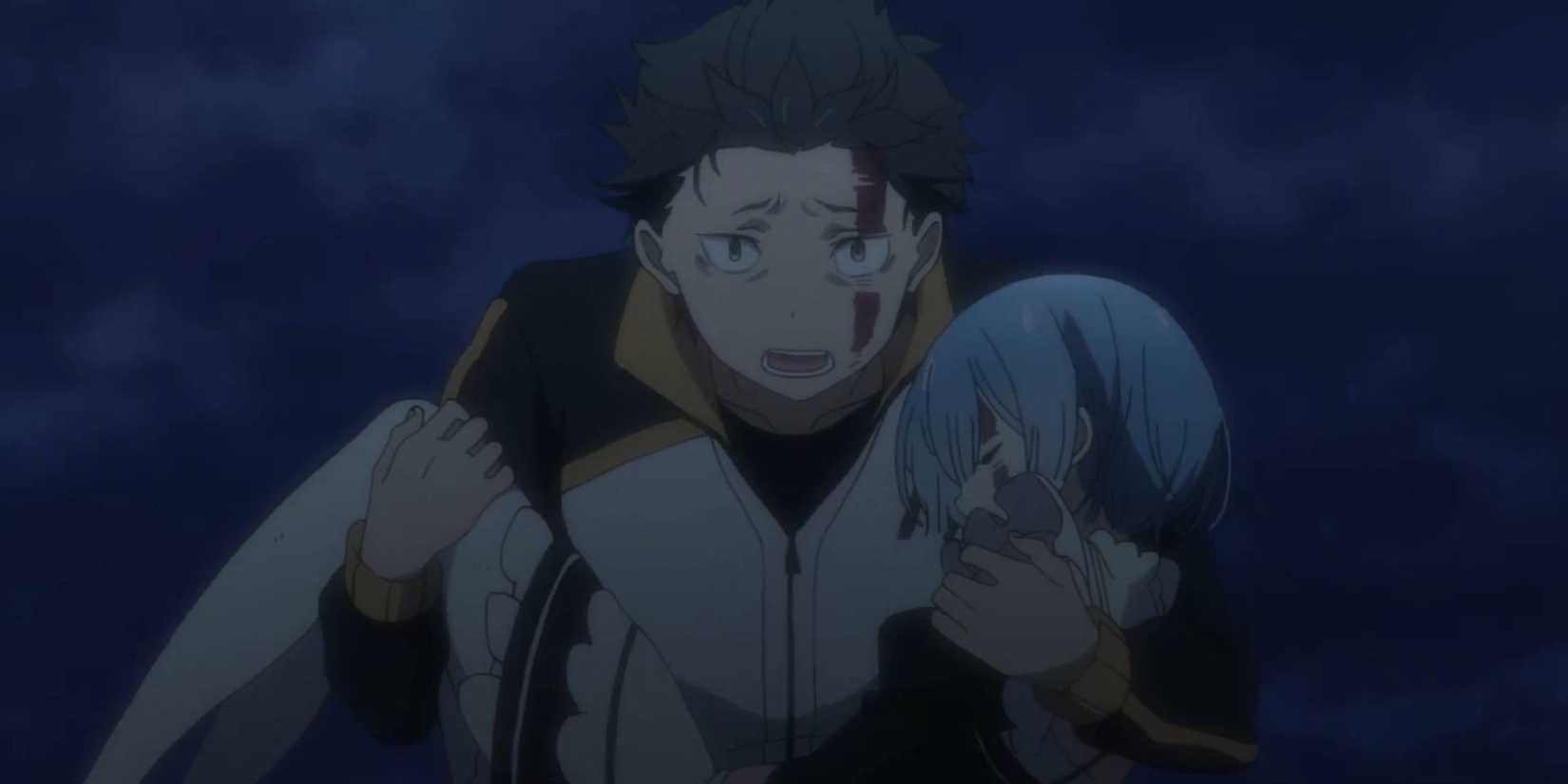 Subaru with an exhausted and blood covered face is holding Rem bridal style seen in Season 1, Episode 15 of ReZero - Starting Life in Another World -