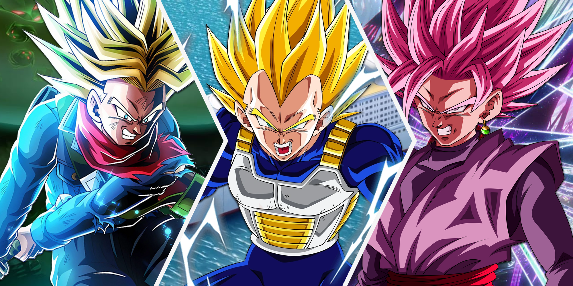 Super Saiyan 2 Future Trunks, Super Saiyan 2 Vegeta and Super Saiyan Rose 2 Goku Black