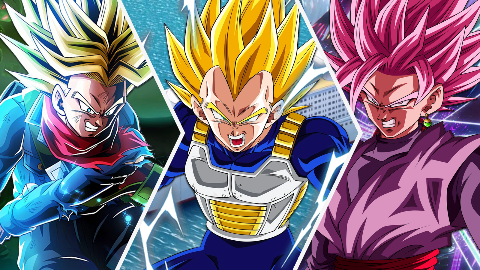 Super Saiyan 2 Future Trunks, Super Saiyan 2 Vegeta, and Super Saiyan Rose 2 Goku Black