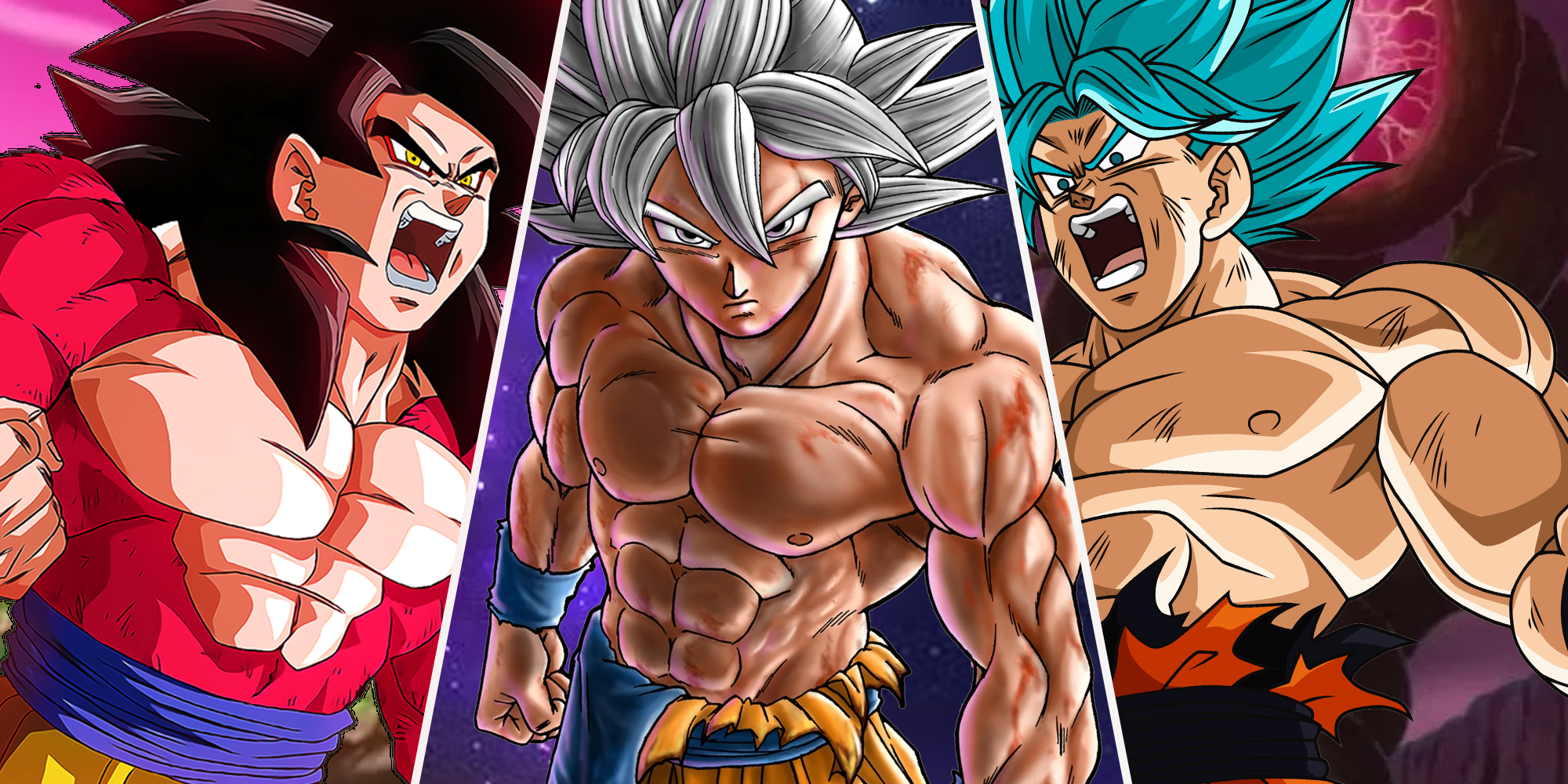 Super Saiyan 4 Goku, Perfected Ultra Instinct Goku, and Super Saiyan Blue Goku