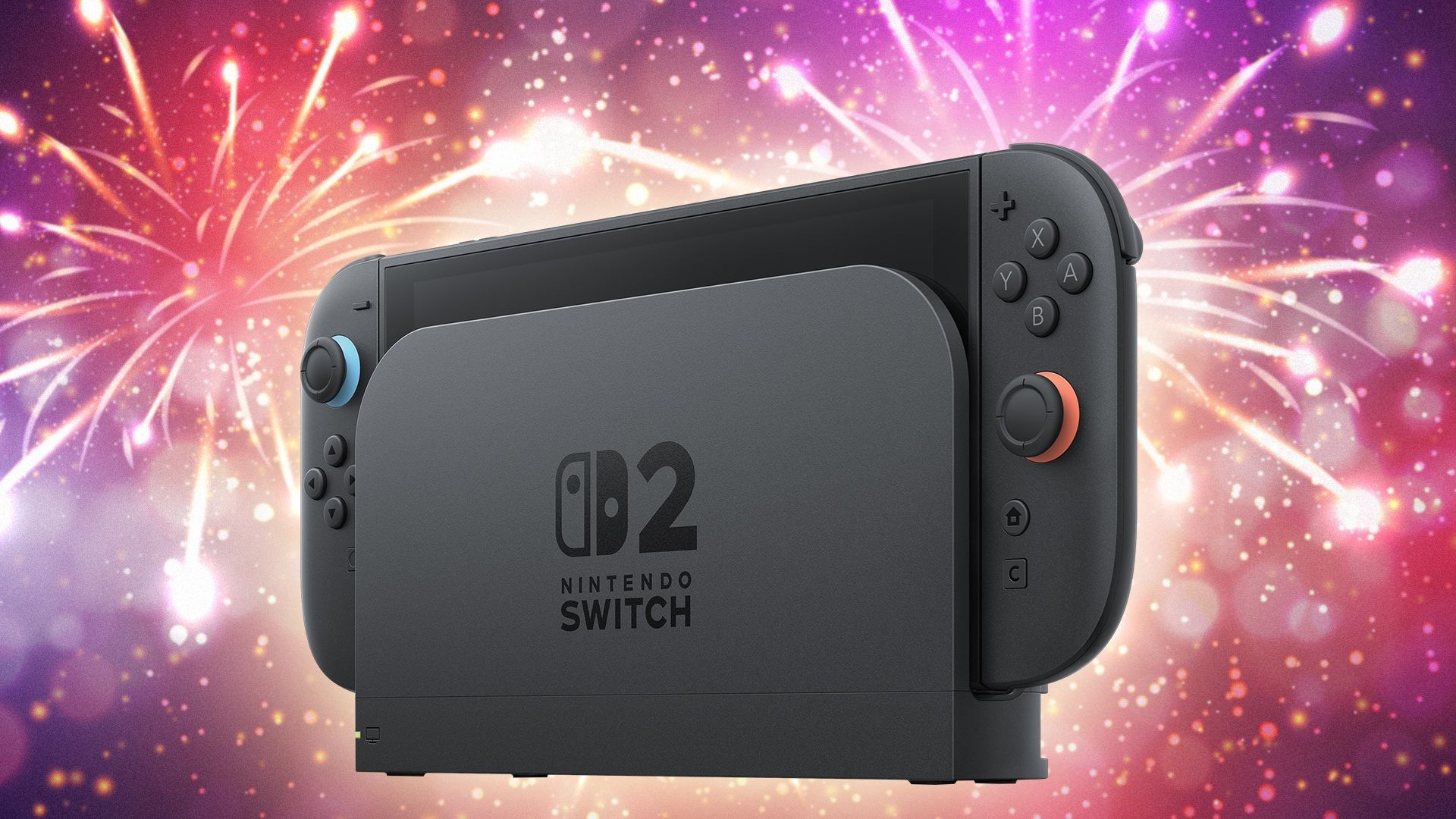 switch 2 console with fireworks in the background