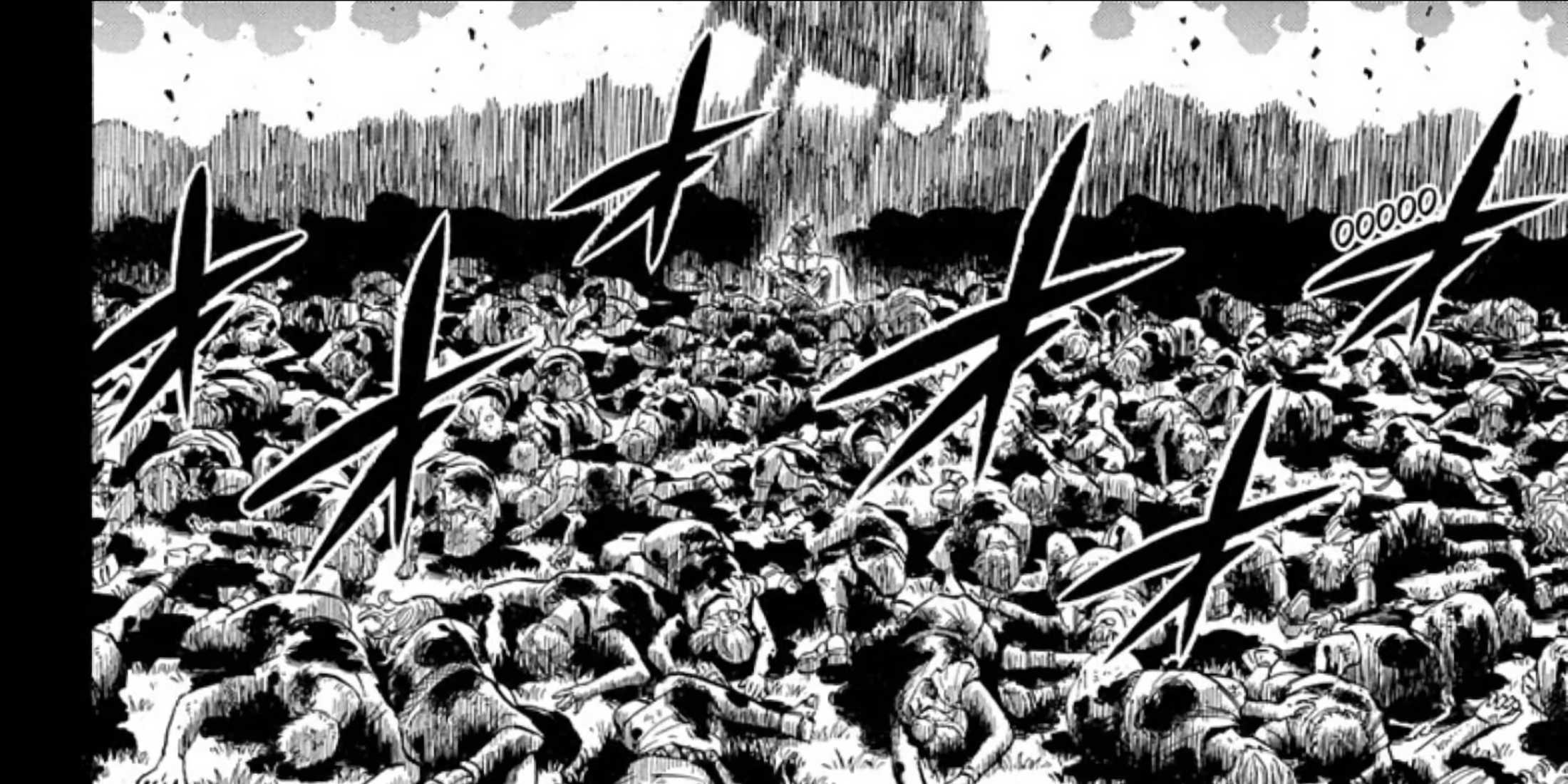 The end of the massacre, with piles of bodies lying on the ground.