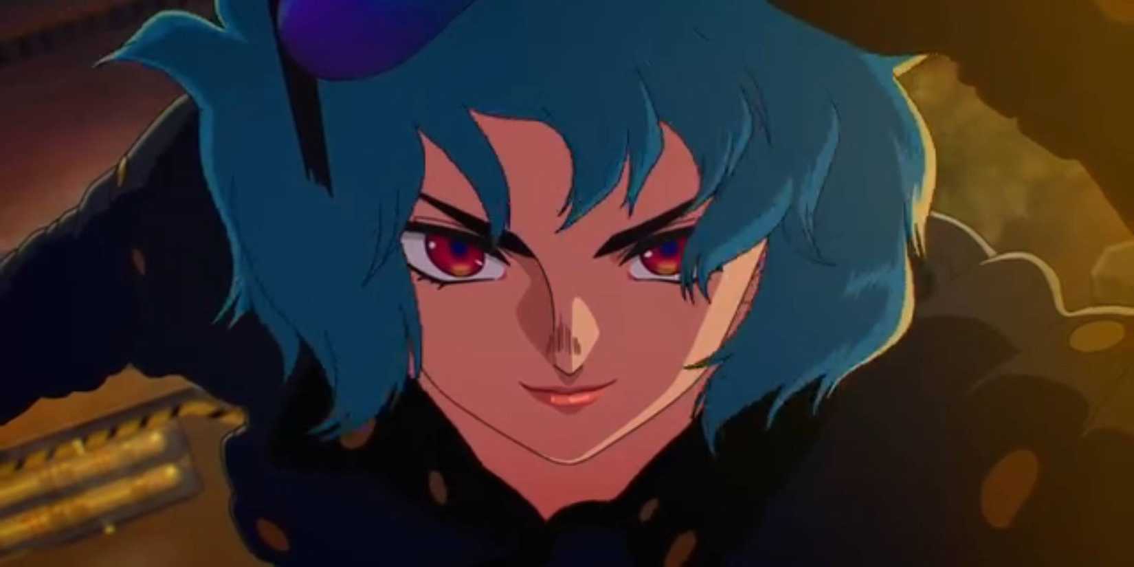 The Ghost in the Shell Major Motoko Kusanagi is shown smiling as she is falling down from a building in episode 1