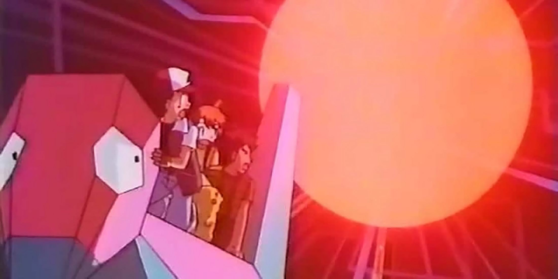 The heroes escape an explosion while riding on Porygon.