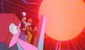 The heroes escape an explosion while riding on Porygon.