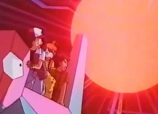 The heroes escape an explosion while riding on Porygon.