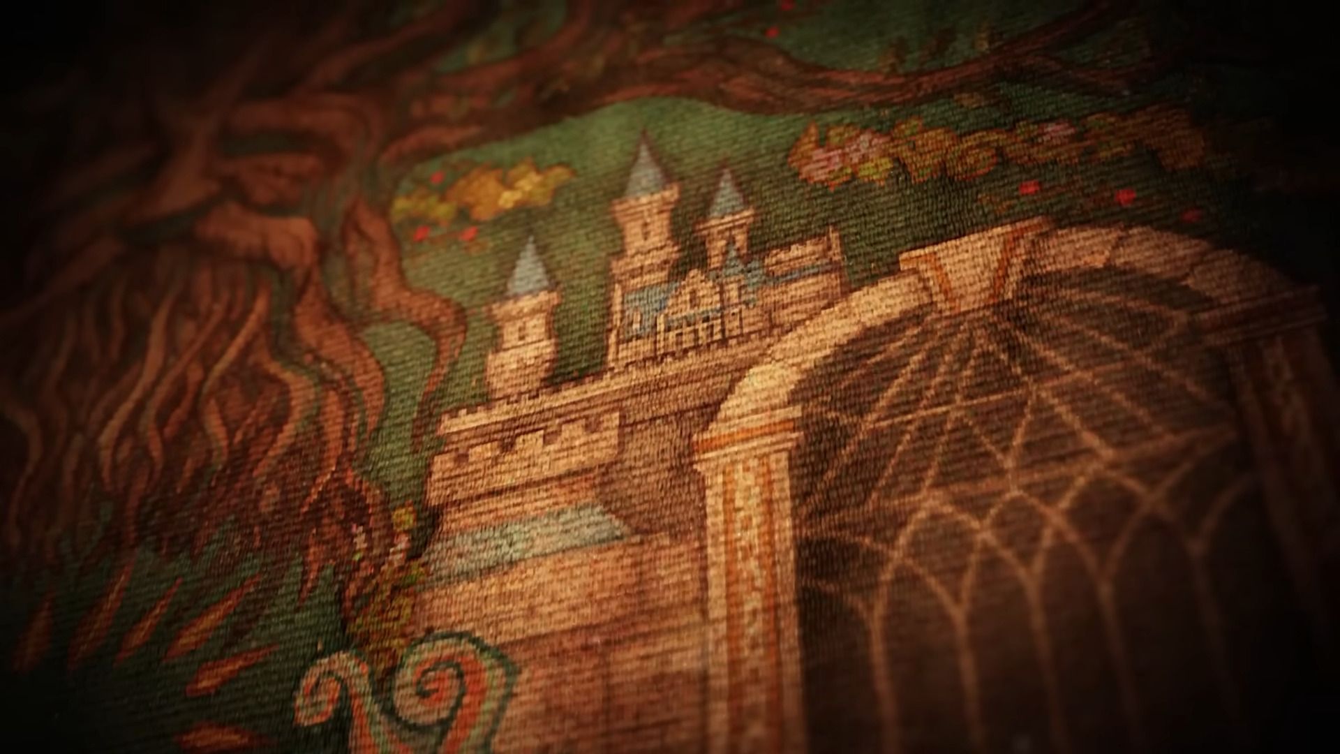 A Shot of a tapestry کە قەڵای هایرول لە فیلمی Legend of Zelda Ocarina of Time دووبارە دروستکردنەوەی ترەیلەری ئاشکرا دەکات.