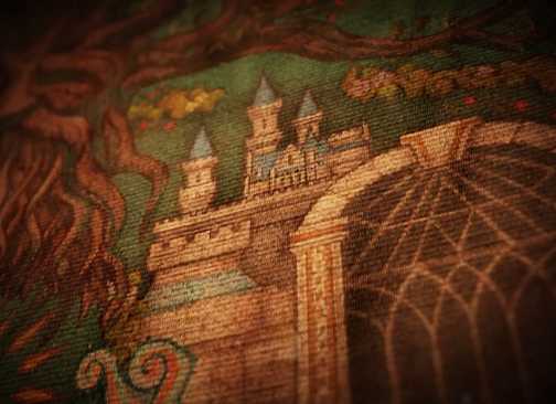 A Shot of a tapestry that depicts Hyrule Castle from the Legend of Zelda Ocarina of Time remake reveal trailer.