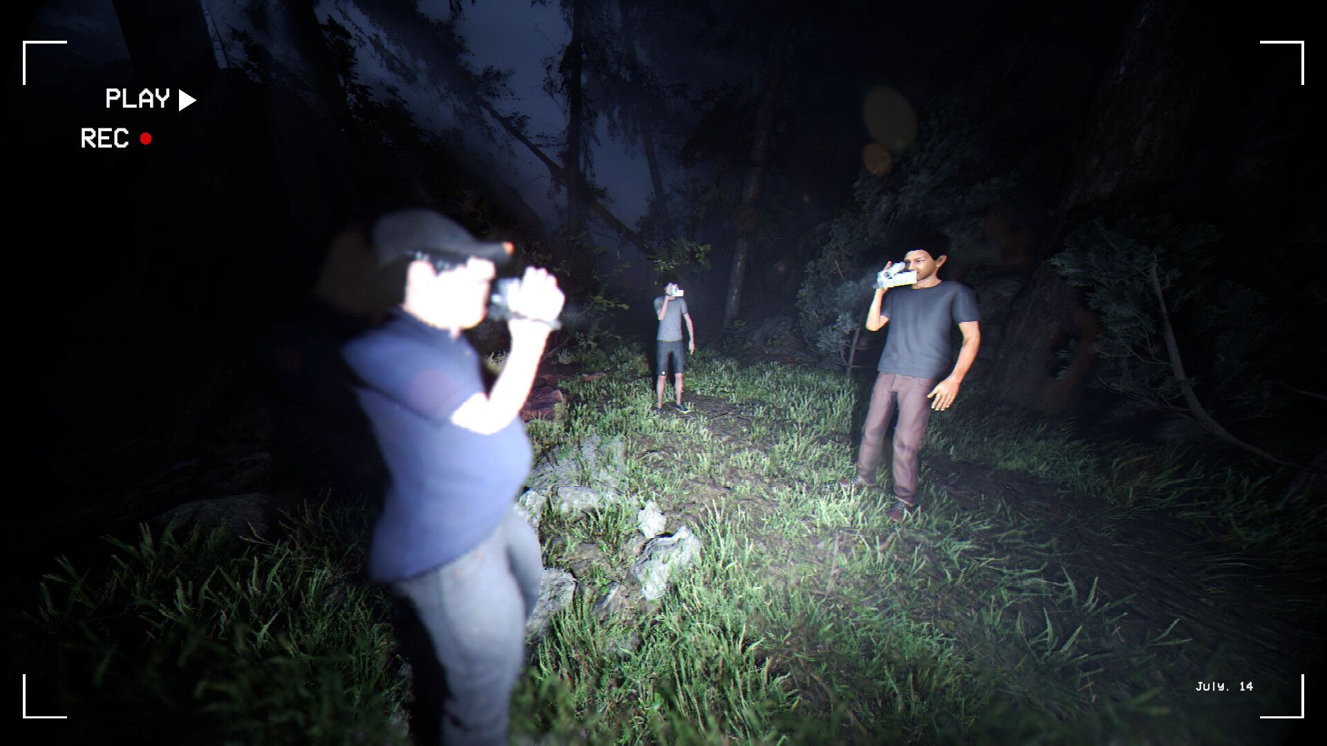 four players in together after dark exploring the forest.