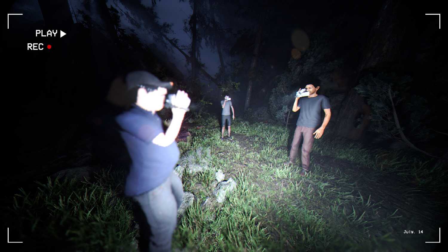 four players in together after dark exploring the forest.