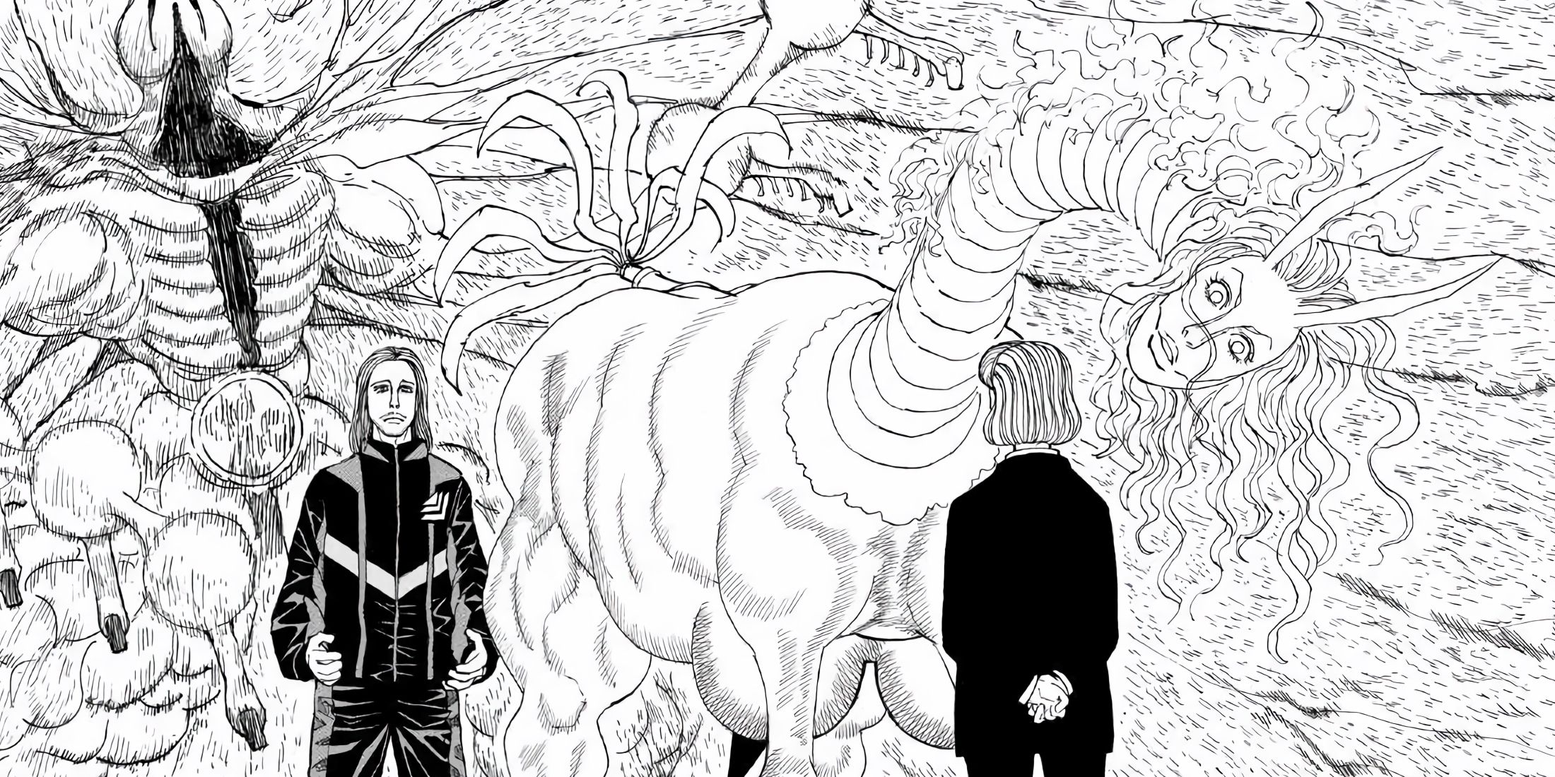 Tserriednich interrogates a man while his beast prepares to attack.