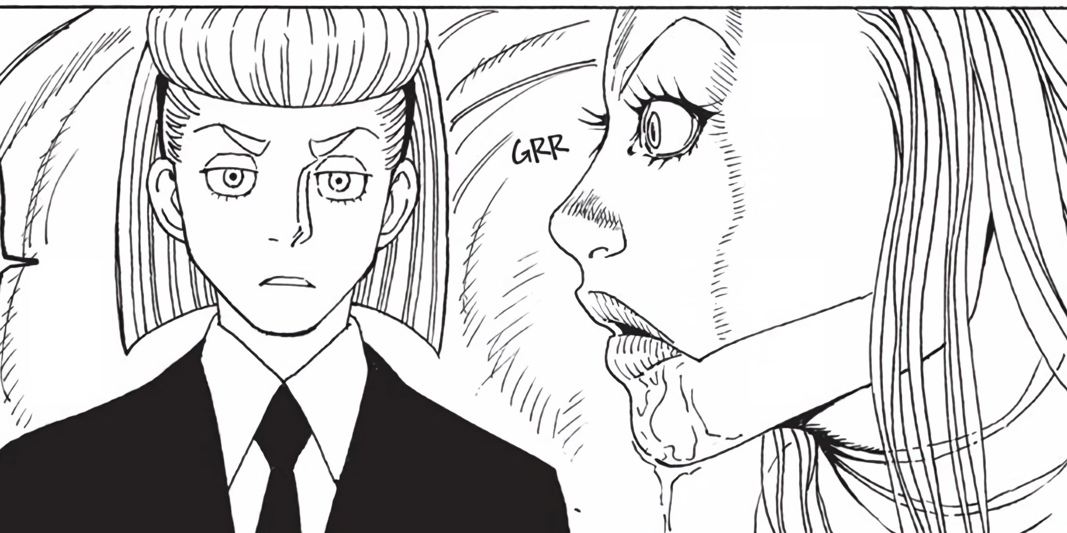Tserriednich's Beast prepares to attack one of his bodyguards, opening its mouth slowly.