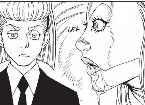 Tserriednich's Beast prepares to attack one of his bodyguards, opening its mouth slowly.