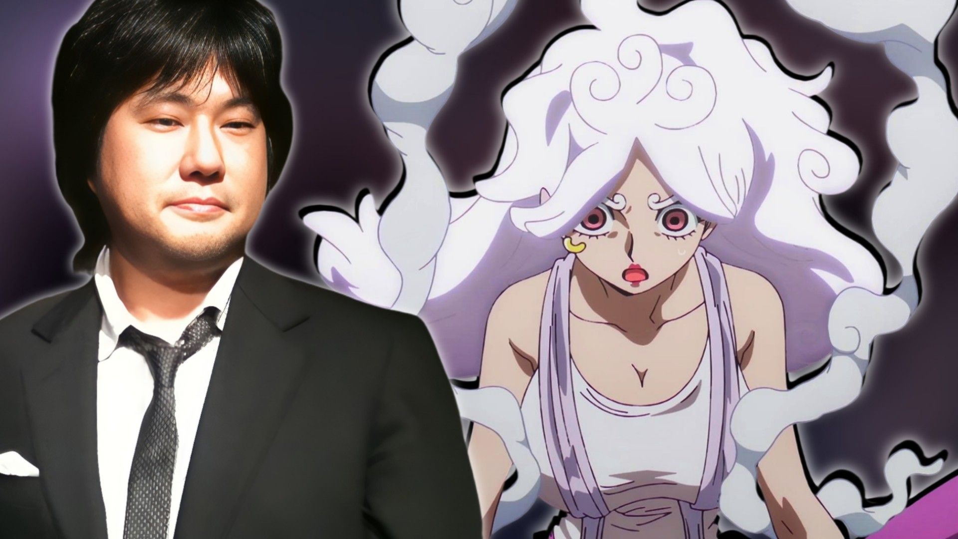 Image of Eiichiro Oda next to a God of the One Piece world