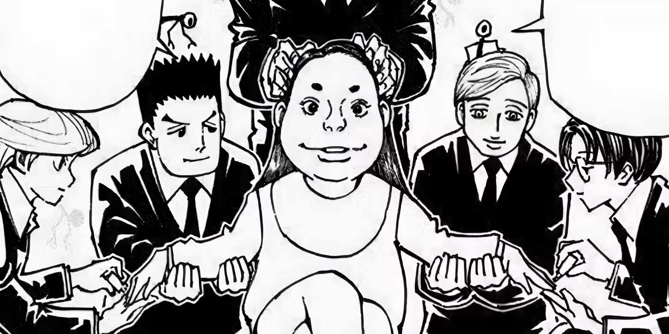 Tyson and her bodyguards talking with a guest as the men attend to her.
