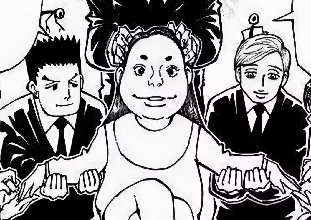 Tyson and her bodyguards talking with a guest as the men attend to her.