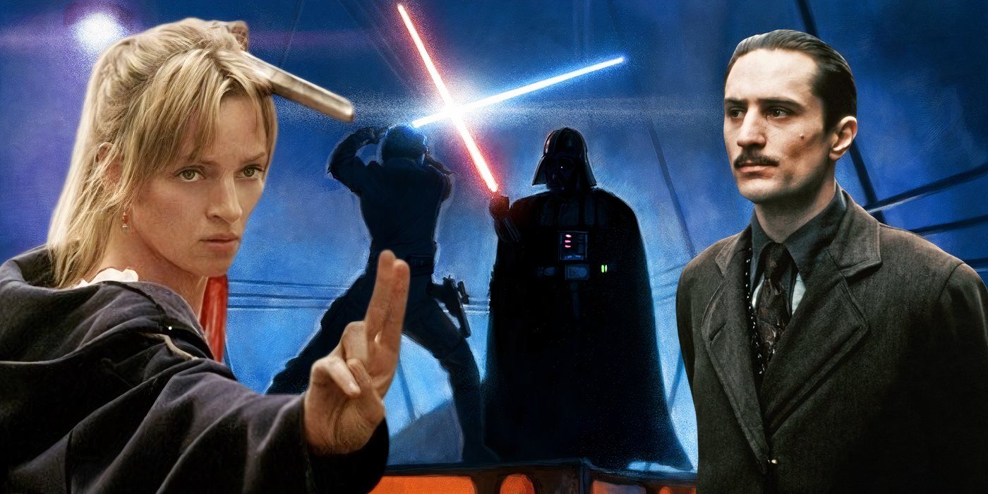 A combined image of The Bride in Kill Bill Vol 2, Luke & Anakin in Empire Strikes Back, and Vito in The Godfather Part II