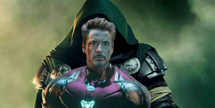 A combined image of Doctor Doom and Robert Downey Jr.'s Iron Man in the MCU