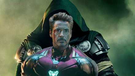 A combined image of Doctor Doom and Robert Downey Jr.'s Iron Man in the MCU