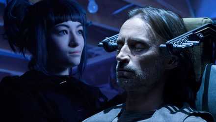 A combined image of Five from Dark Matter and Dr. Rush in Stargate Universe