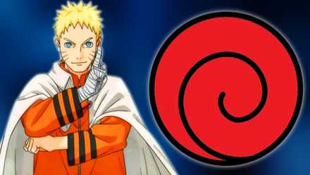 Image of Naruto, the head of the Uzumaki clan in boruto next to the clan symbol