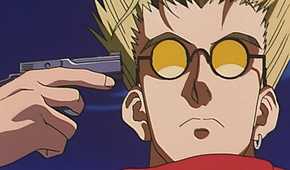 Vash pointing a gun at himself as he stares down at the human traffickers.