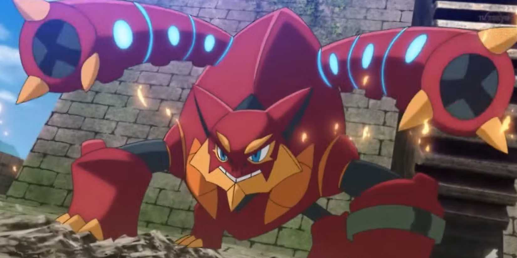 Volcanion prepares to battle against the humans keeping Magearna trapped.