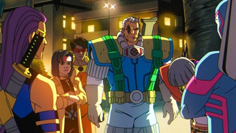 X-Force members Psylocke, Jubilee, Cable, Sunspot and Archangel interrogate War