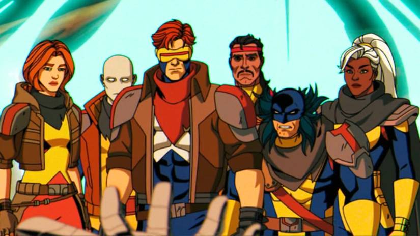 The X-Men of 3960 AD team consisting of Jean Grey, Morph, Cyclops, Forge, Wolverine and Storm