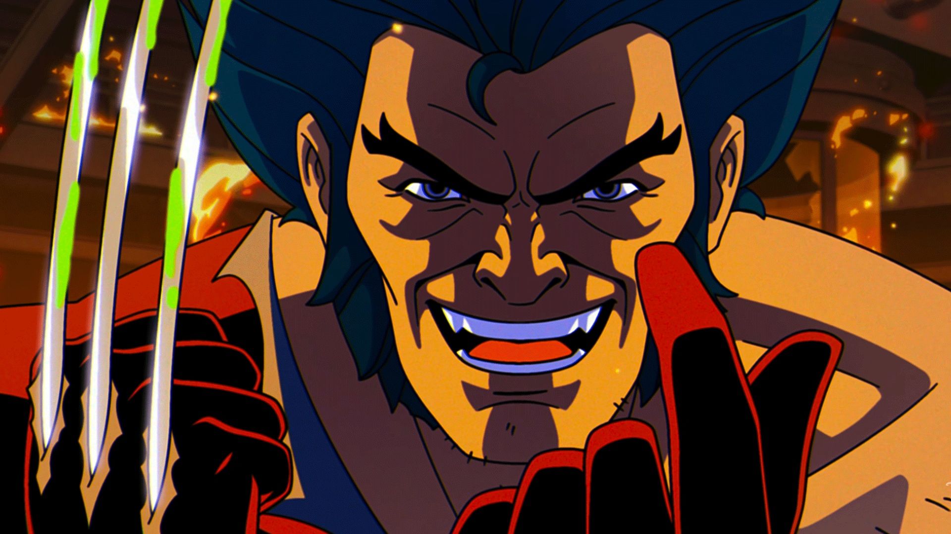 X-Men '97 Wolverine hanging in the air without the claws and mask