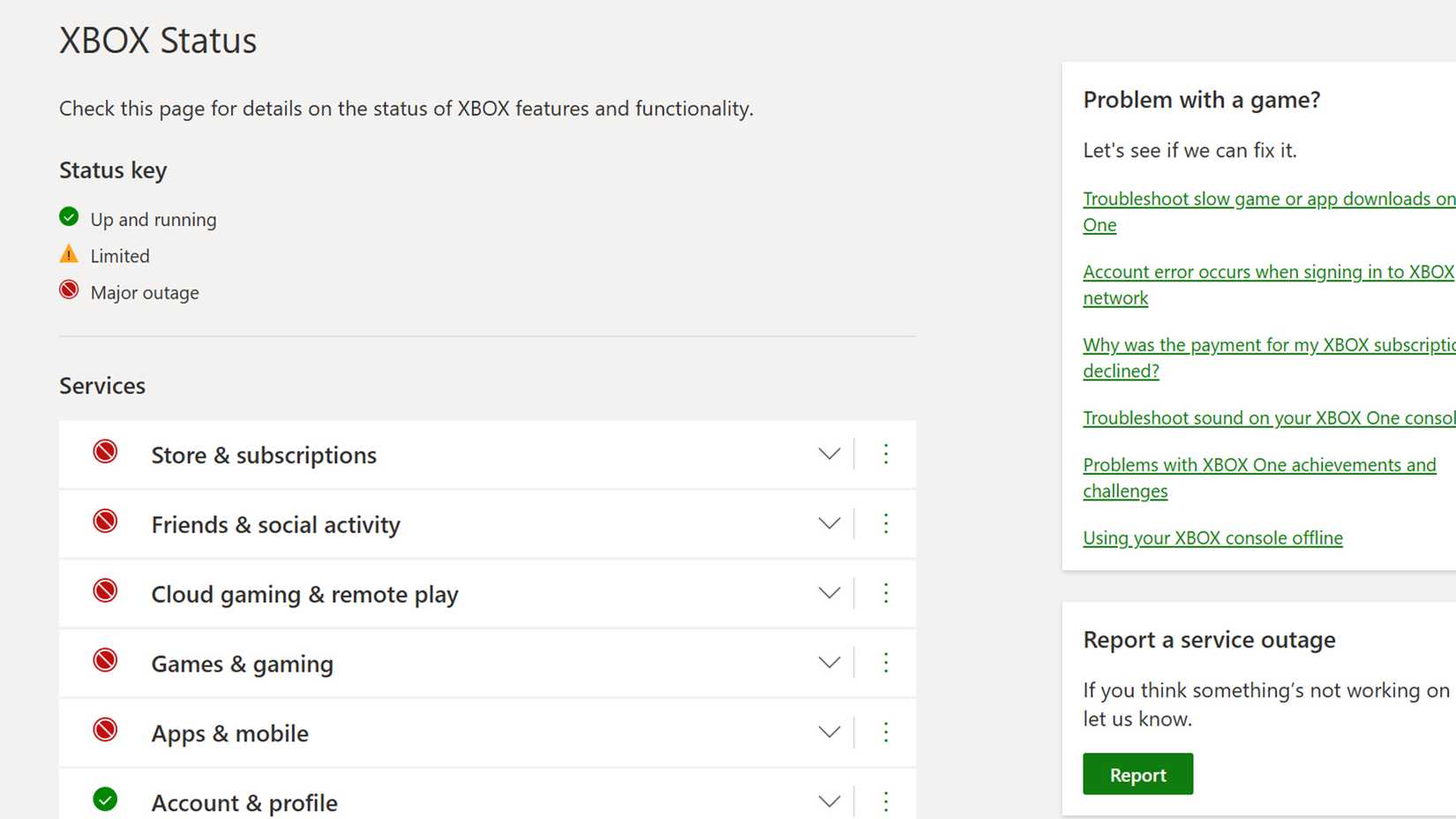 screenshot of xbox service status support page on July 23, 2026