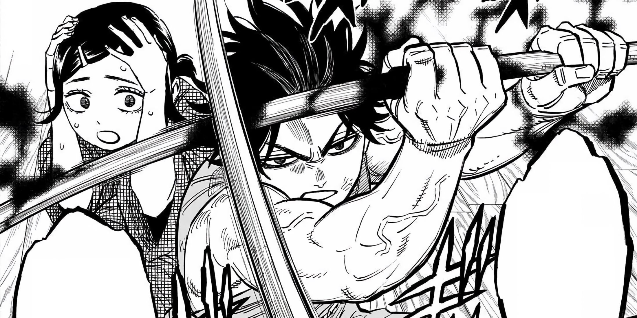 Yami protects Ichika from their father's attack while glaring at the man.