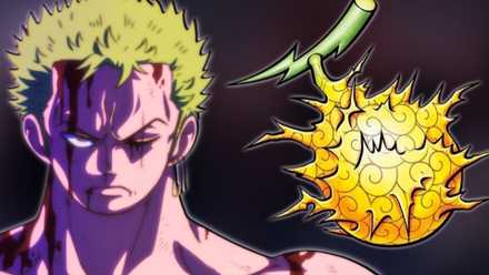Image of Roronoa Zoro next to his potential devil fruit.