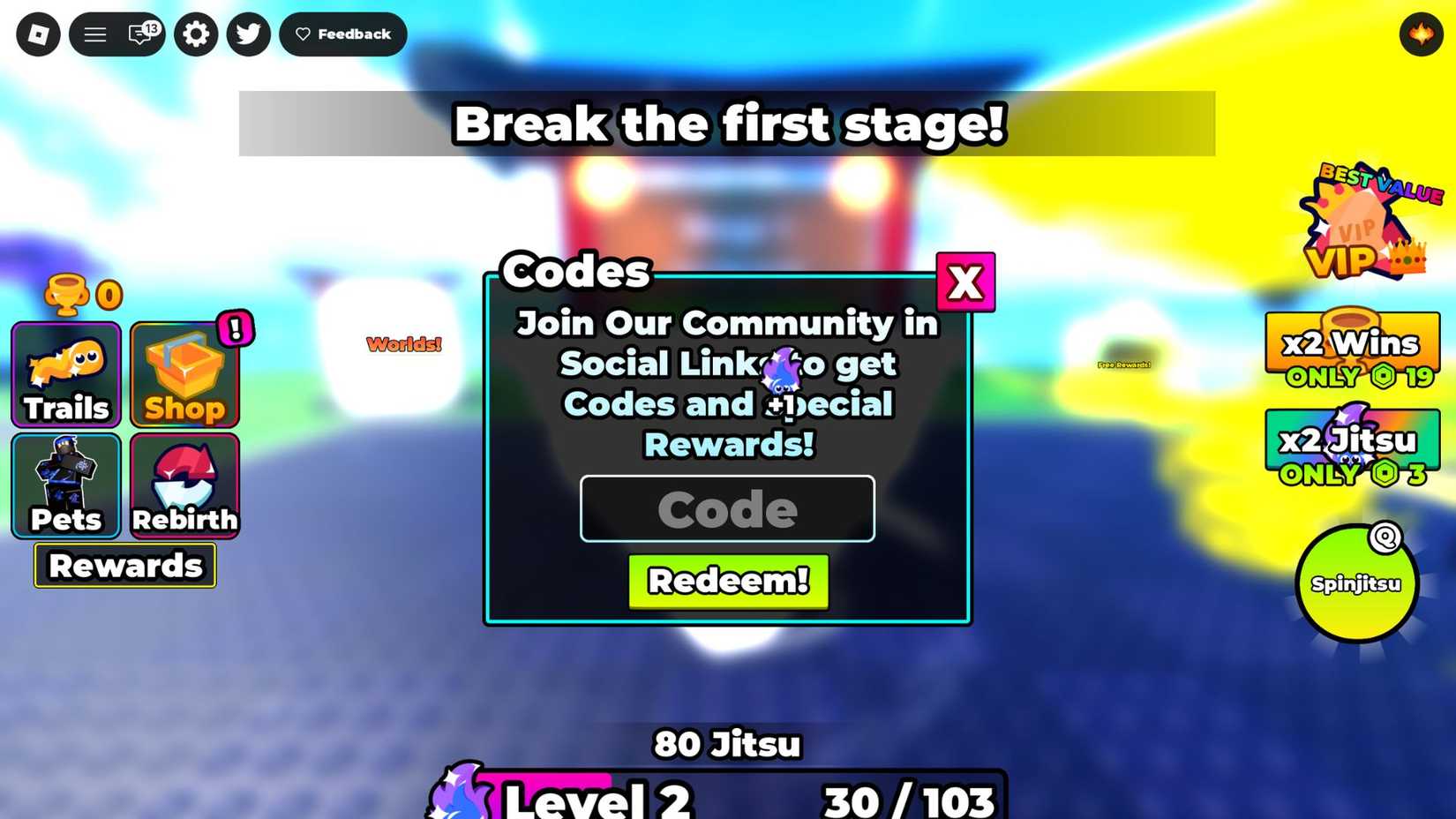 +1 Spinjitsu Escape - the codes tab