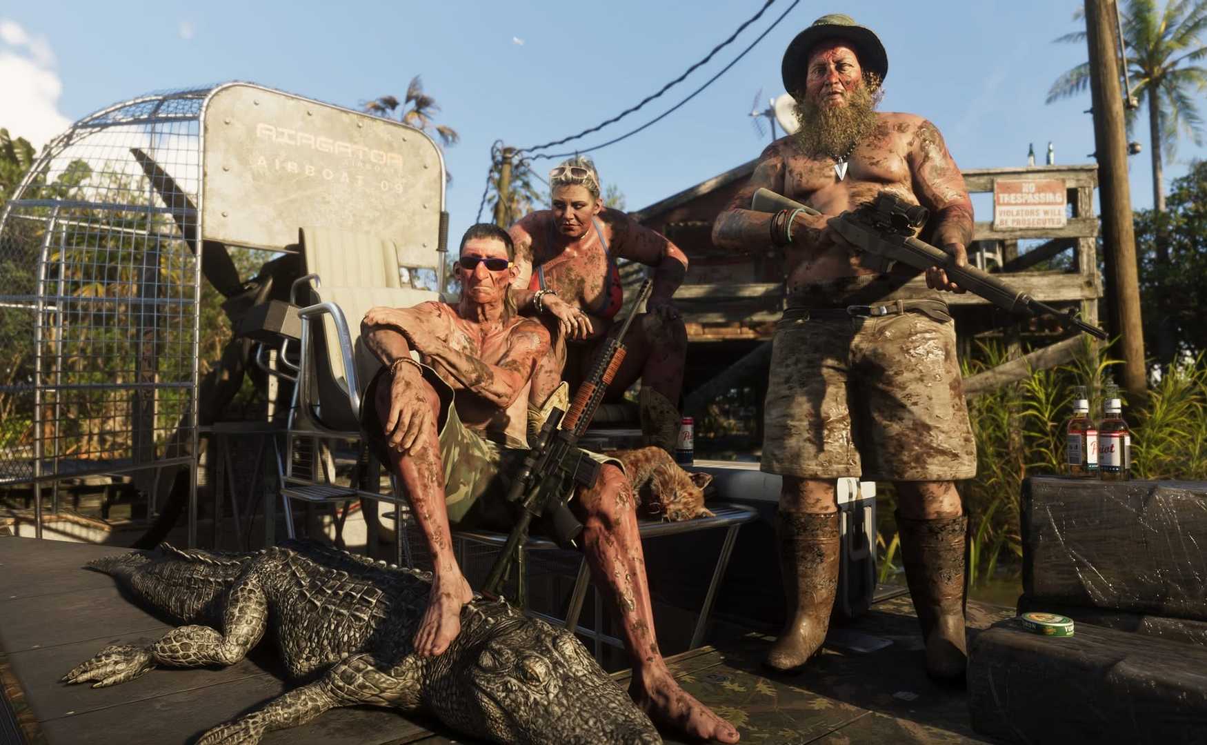 Two men and a women in the grassrivers region in Grand Theft Auto 6