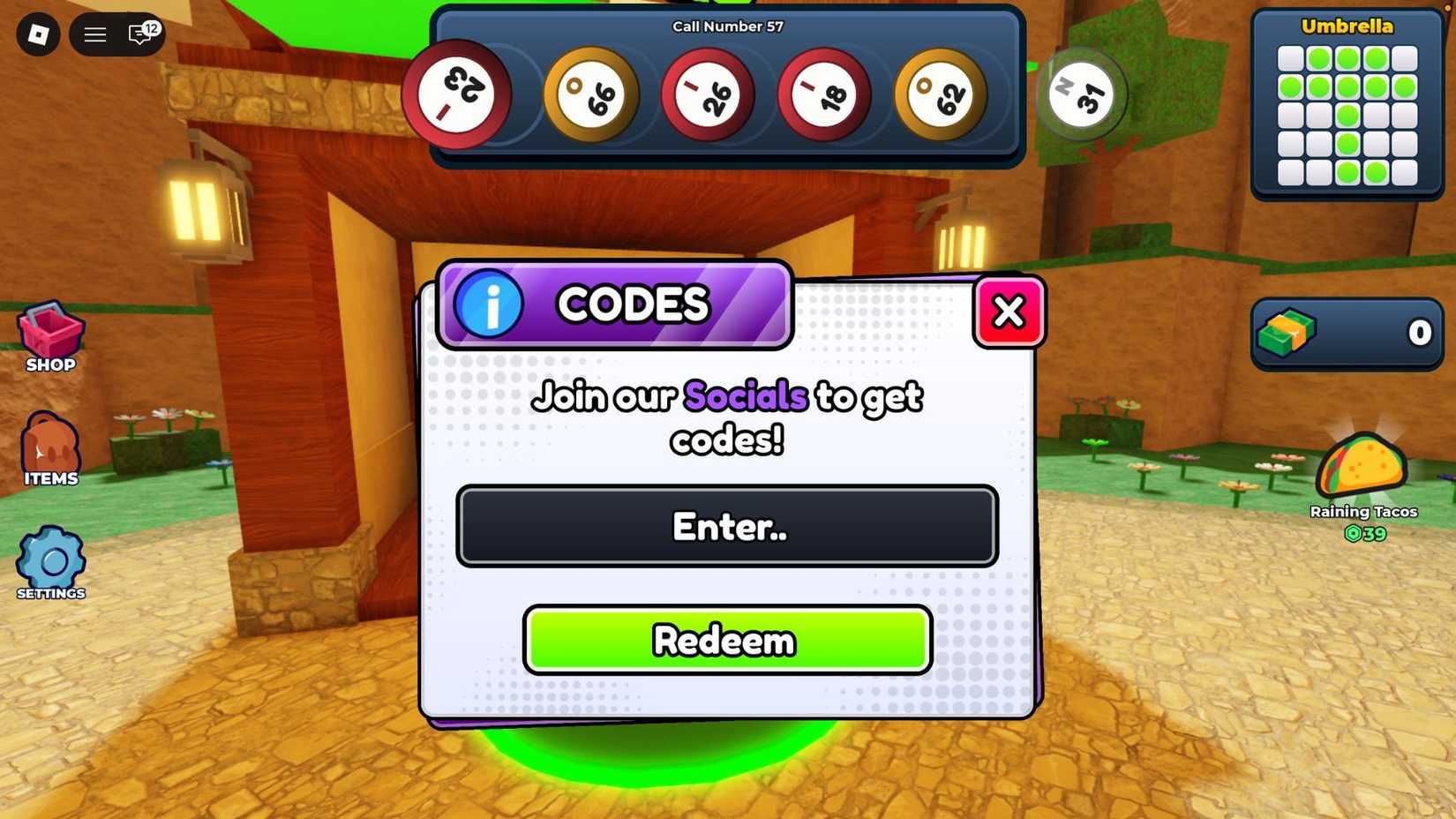 50 Player BINGO the codes tab