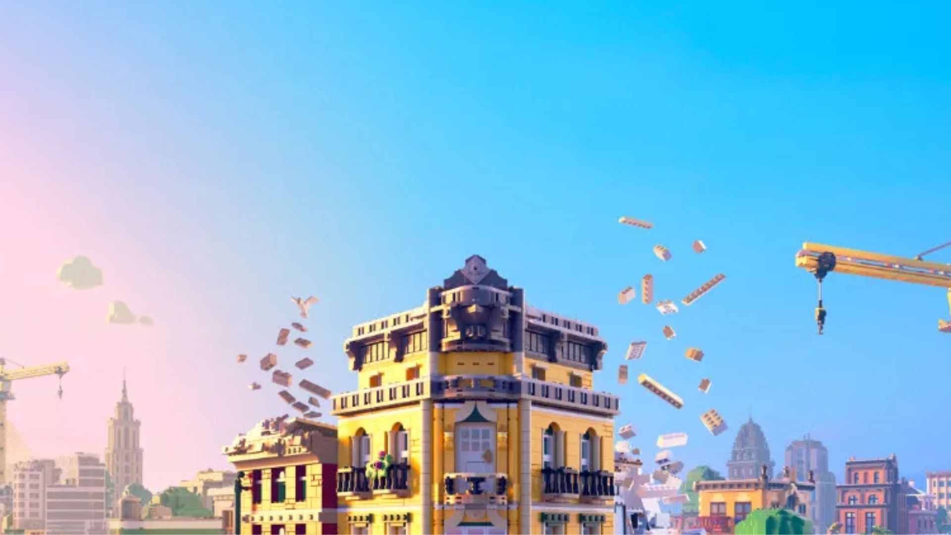 Lego building rooftop being built under blue sky