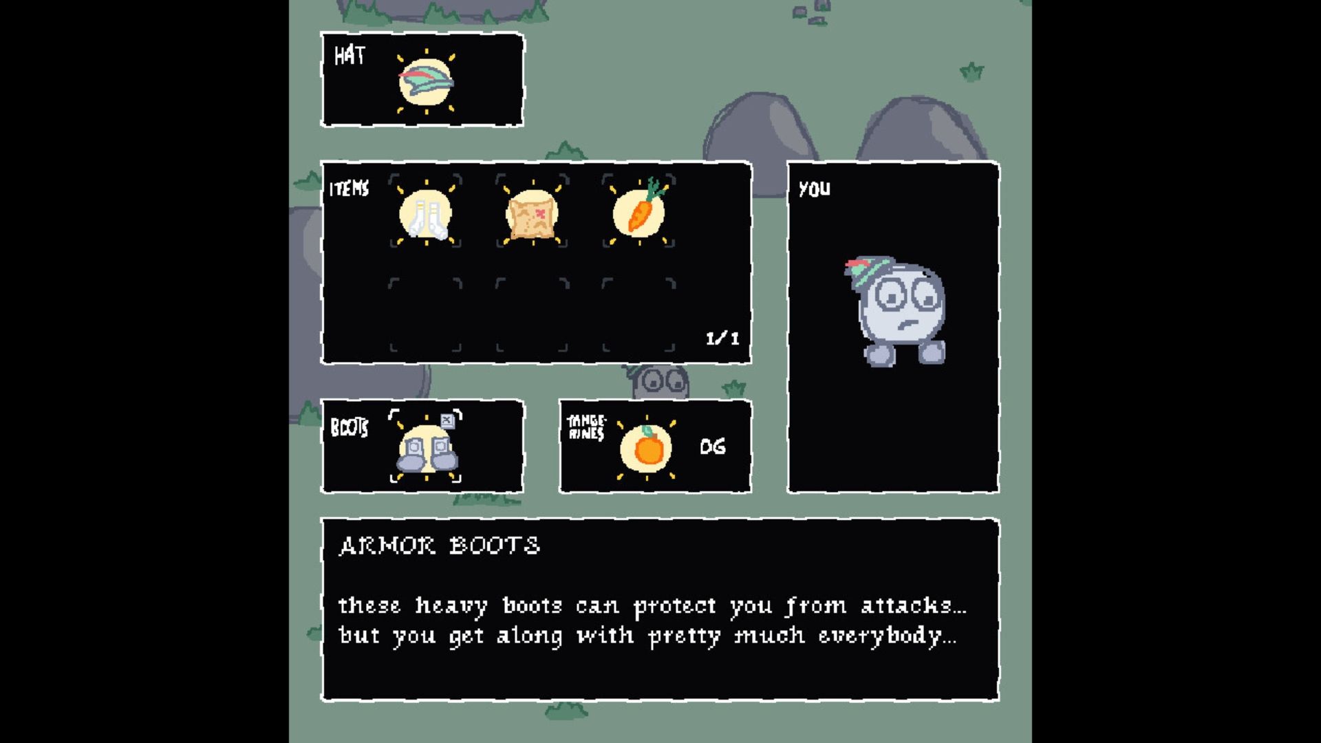 the protagonist's stats and inventory in boots quest dx.