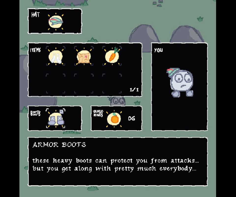 the protagonist's stats and inventory in boots quest dx.