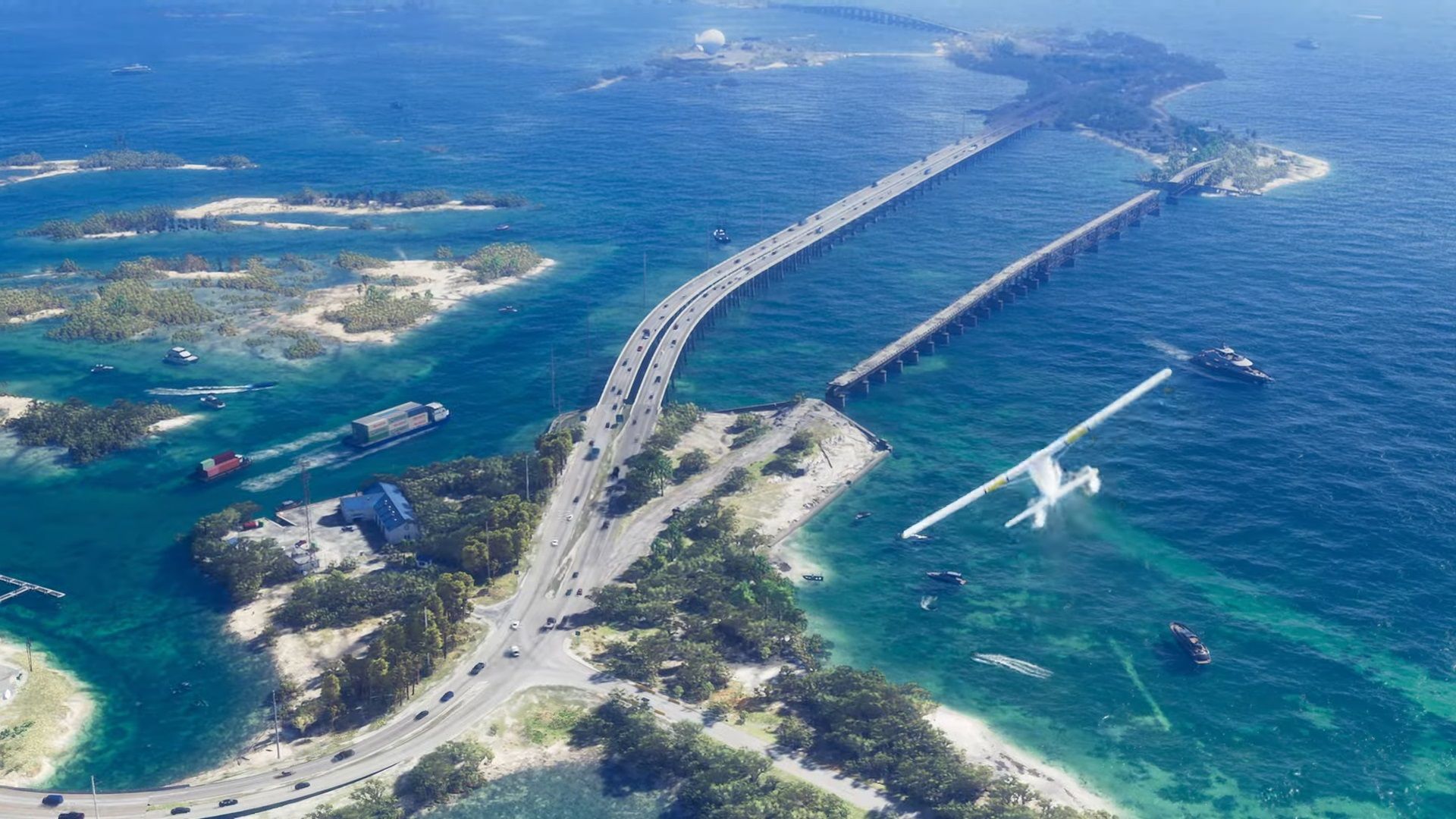 An aerial shot of a highway in Vice City with cars, boats, and a plane