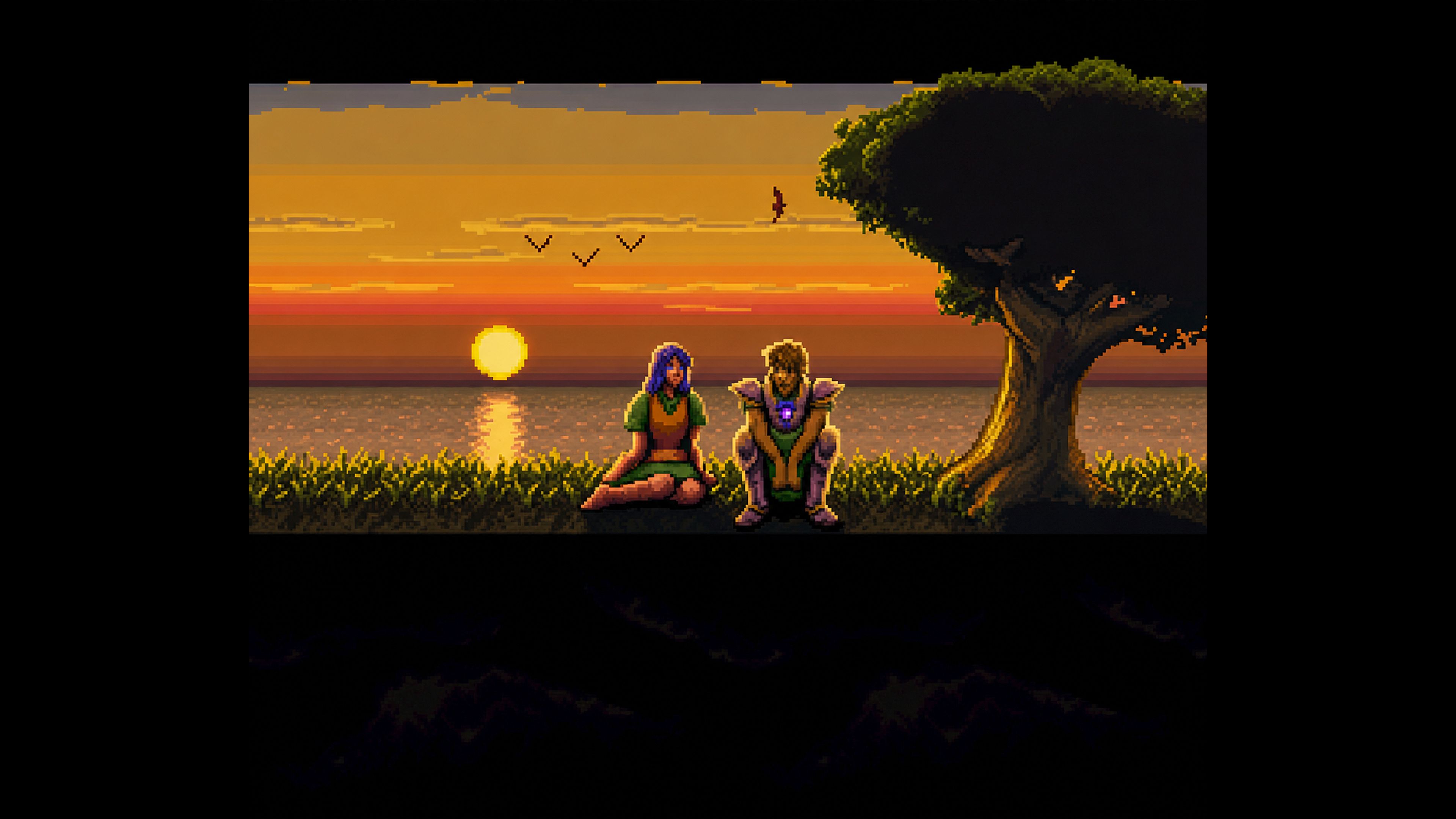 Characters sitting together in front of sunset in Dragon View SNES