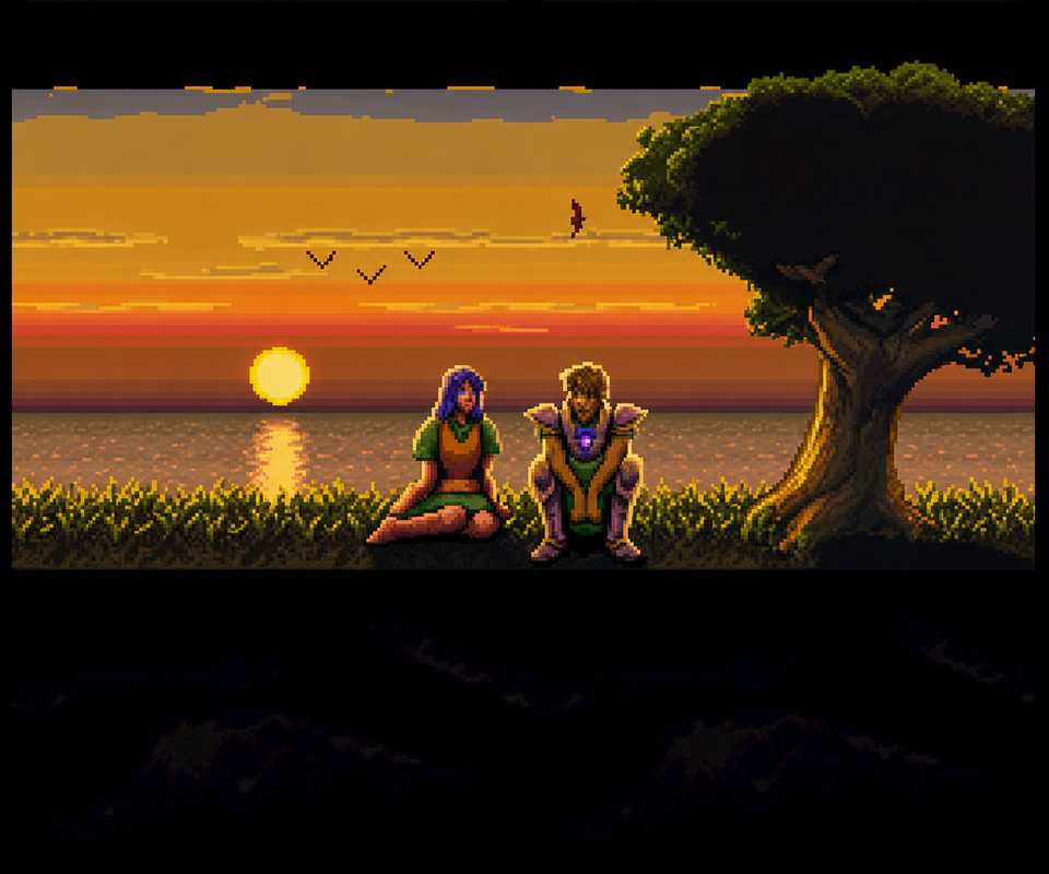 Characters sitting together in front of sunset in Dragon View SNES
