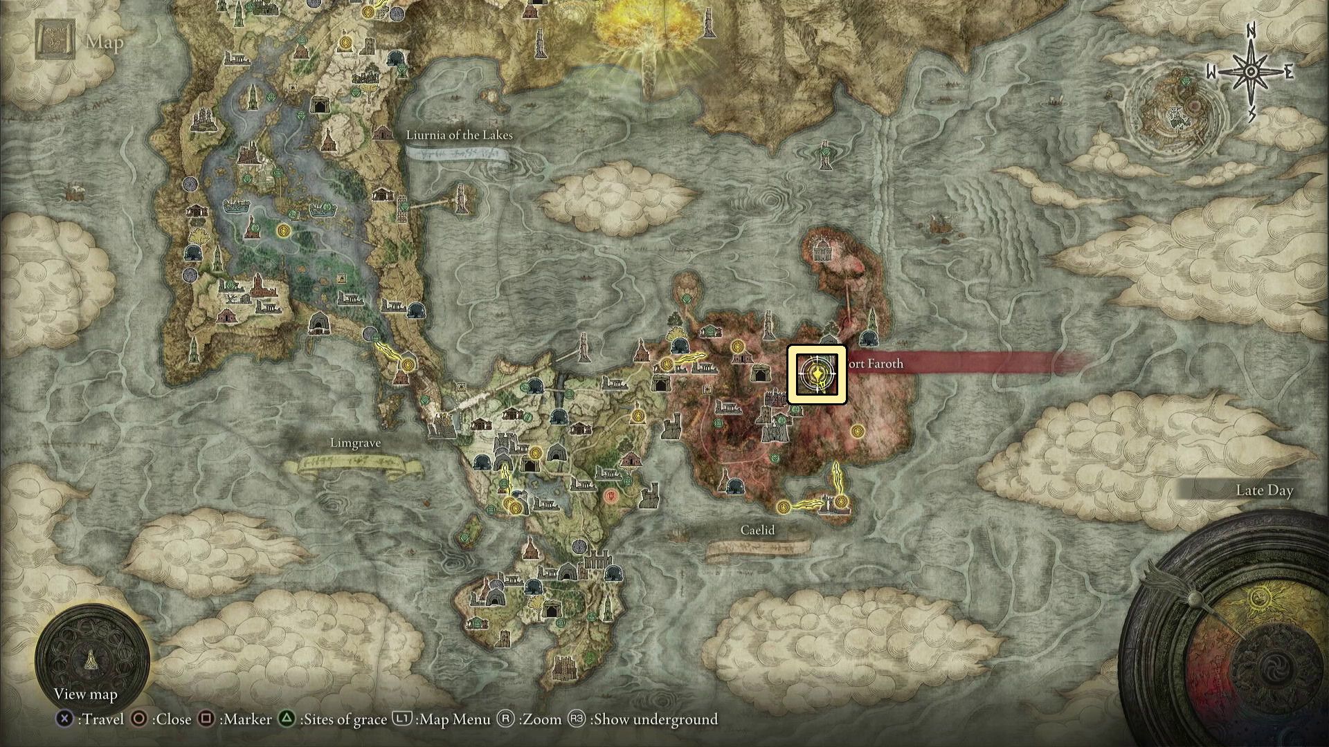 The Fort Faroth Site of Grace in Elden Ring marked on the map.