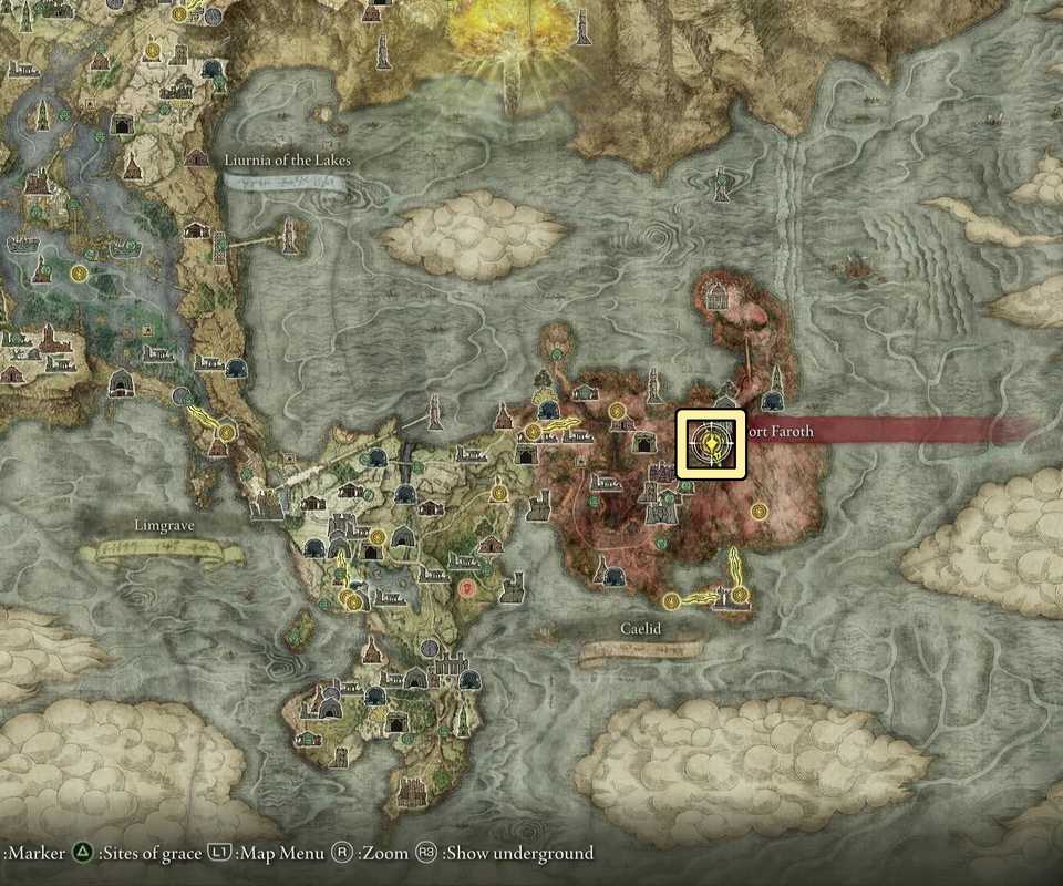 The Fort Faroth Site of Grace in Elden Ring marked on the map.