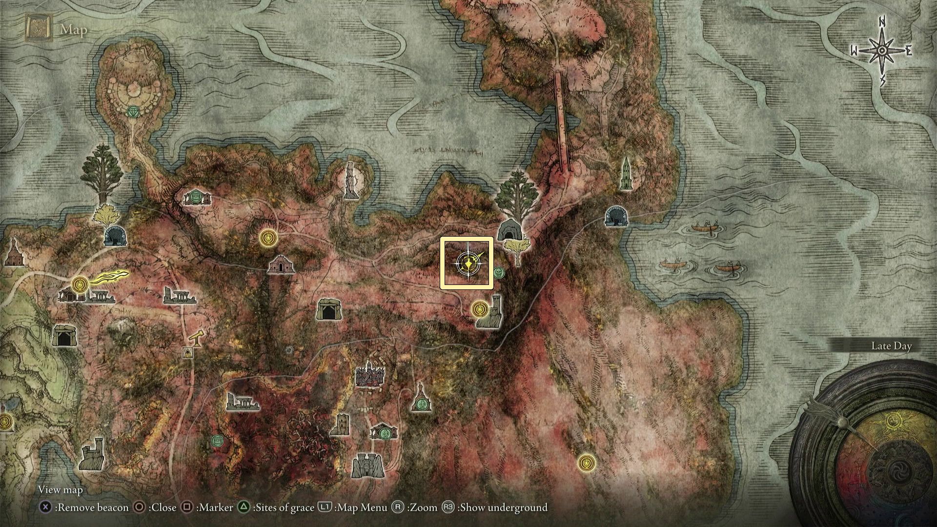 The Reed Great Katana location in Elden Ring marked on the map.