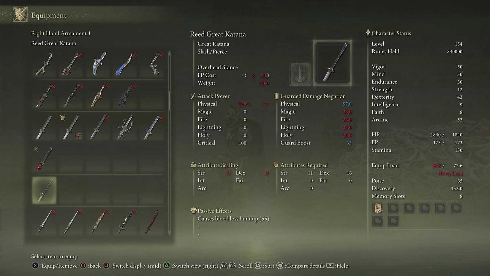 The Reed Great Katana's stats in Elden Ring.