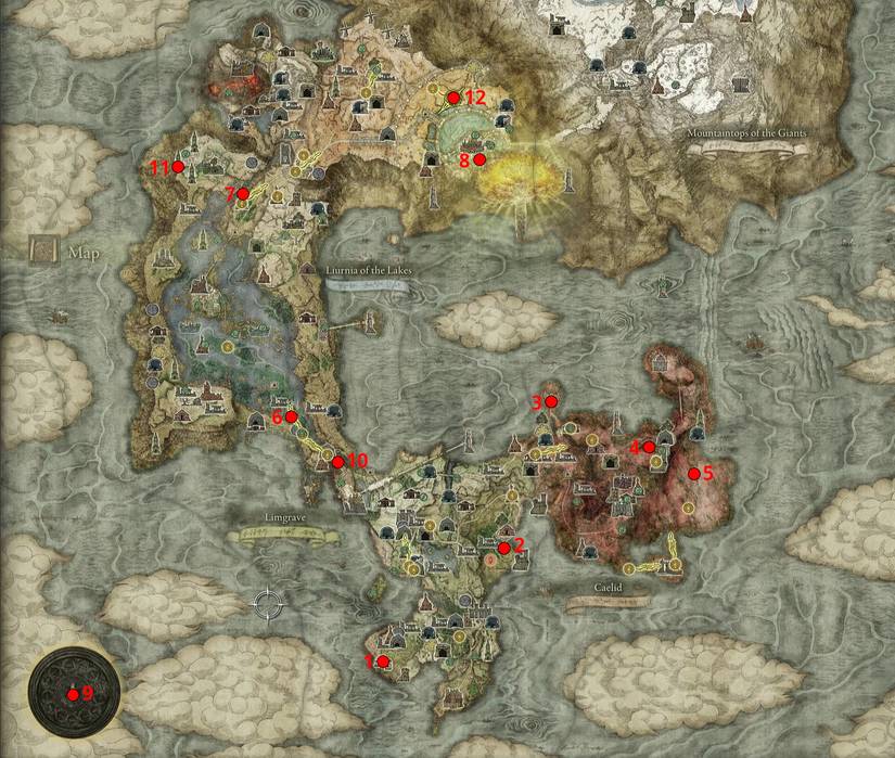 Lokasi Semua Item Elden Ring Tarnished Pack (Senjata, Armor, Regalia) 8 All Elden Ring Tarnished Pack item locations marked on the map.