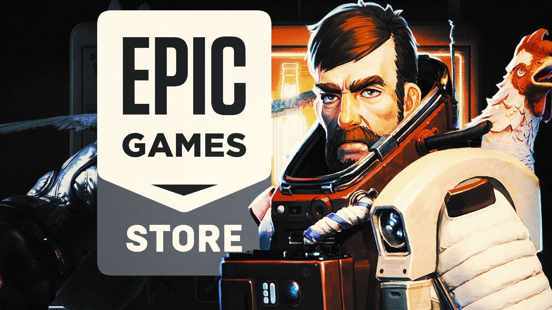 An Epic Games Store logo behind artwork of a bearded Breathedge character in a space suit with a chicken on his back.