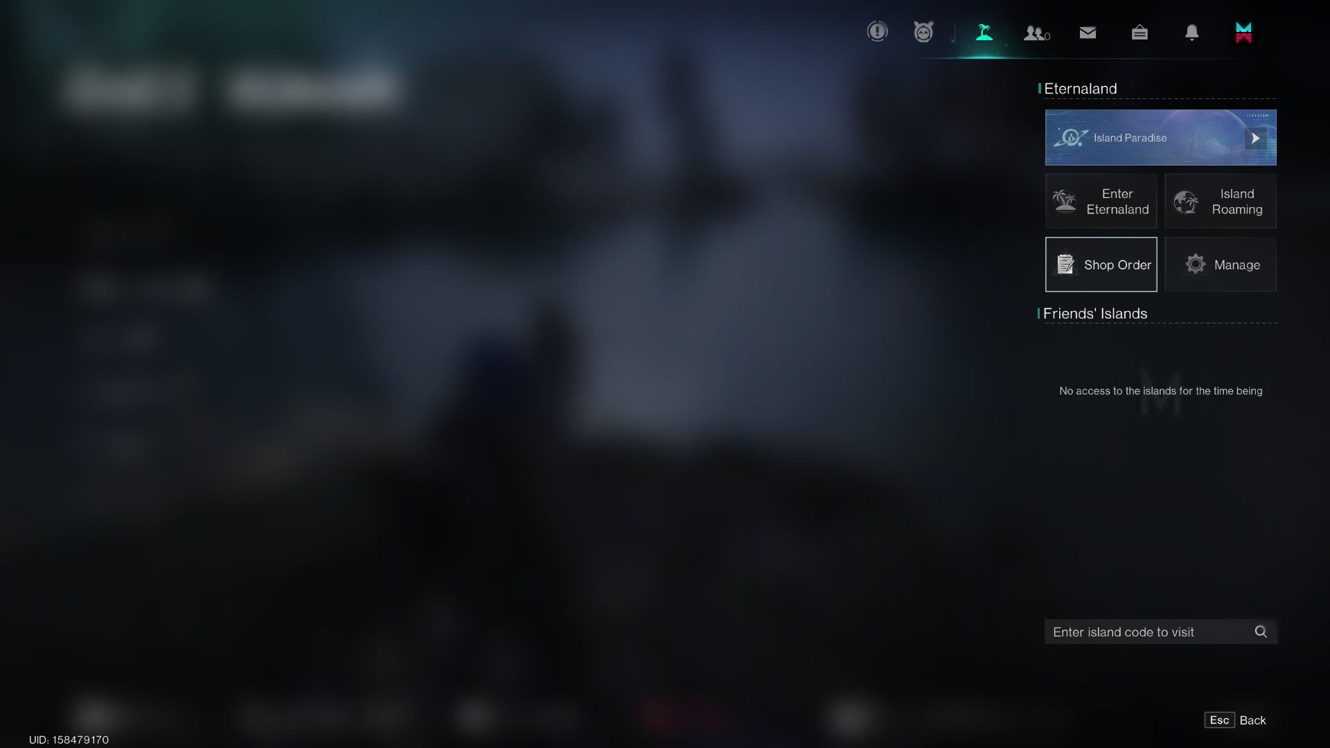 Eternaland Menu Shop Order Tab in Once Human
